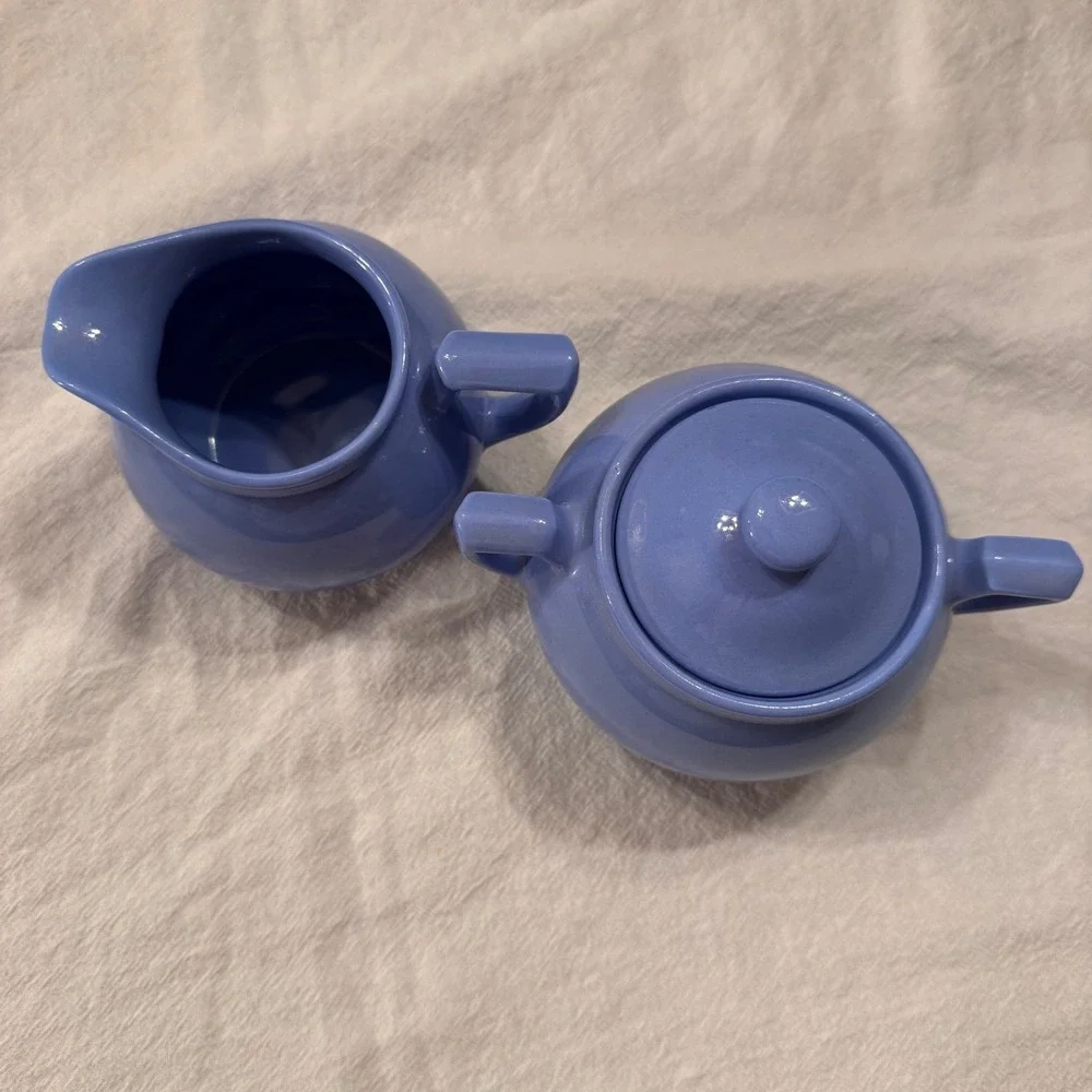 French Countryside Cottage Blue Ceramic Sugar Bowl & Creamer Set Brunch Tea